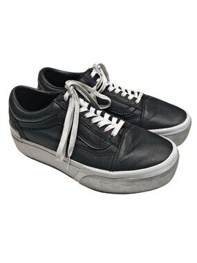 Vans Old Skool Stacked Platform Sneakers Women's 9.5 Shiny Black Leather Silver